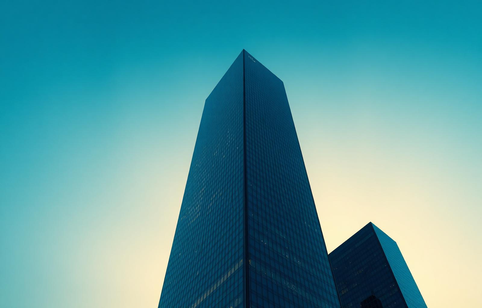 Modern financial district skyscraper at golden hour
